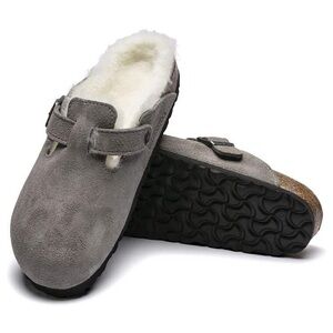 Gray Suede Shearling Clogs - Birkenstock